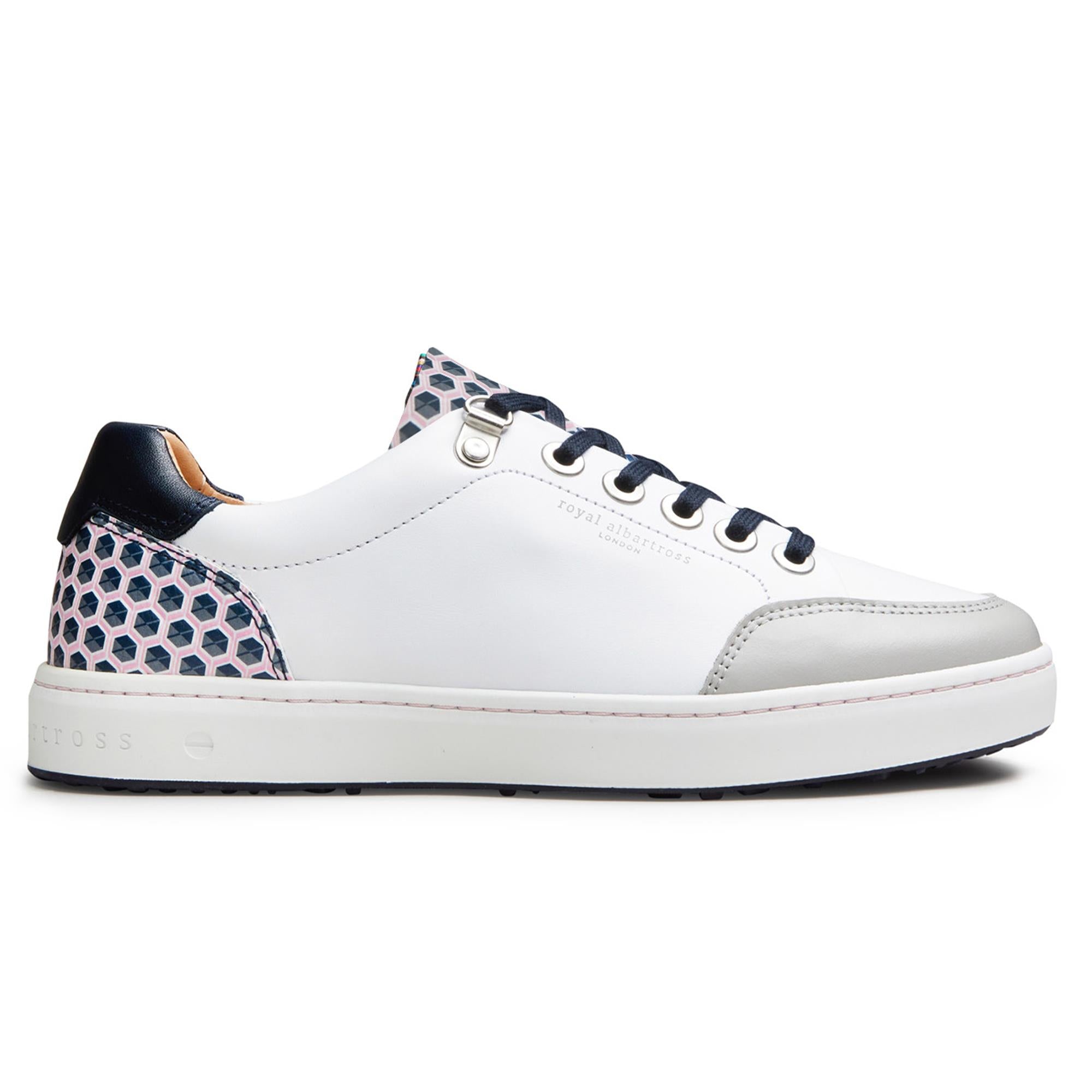 Side view of Royal Albartross Fieldfox ladies spikeless golf shoe in geo white and navy – premium womens golf shoes with sleek design